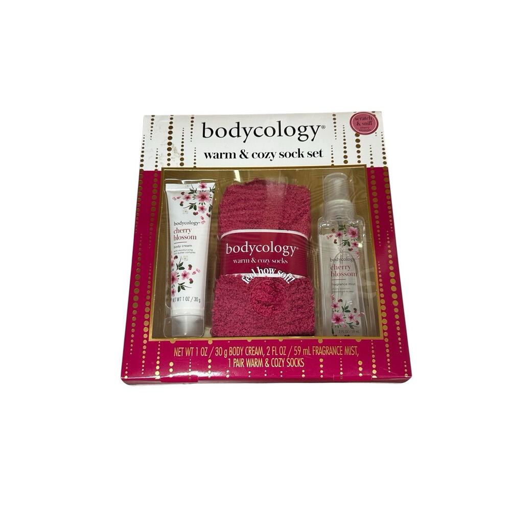 Bodycology Cherry Blossom Gift Set Fragrance Mist Body Cream Warm Cozy Socks NEW